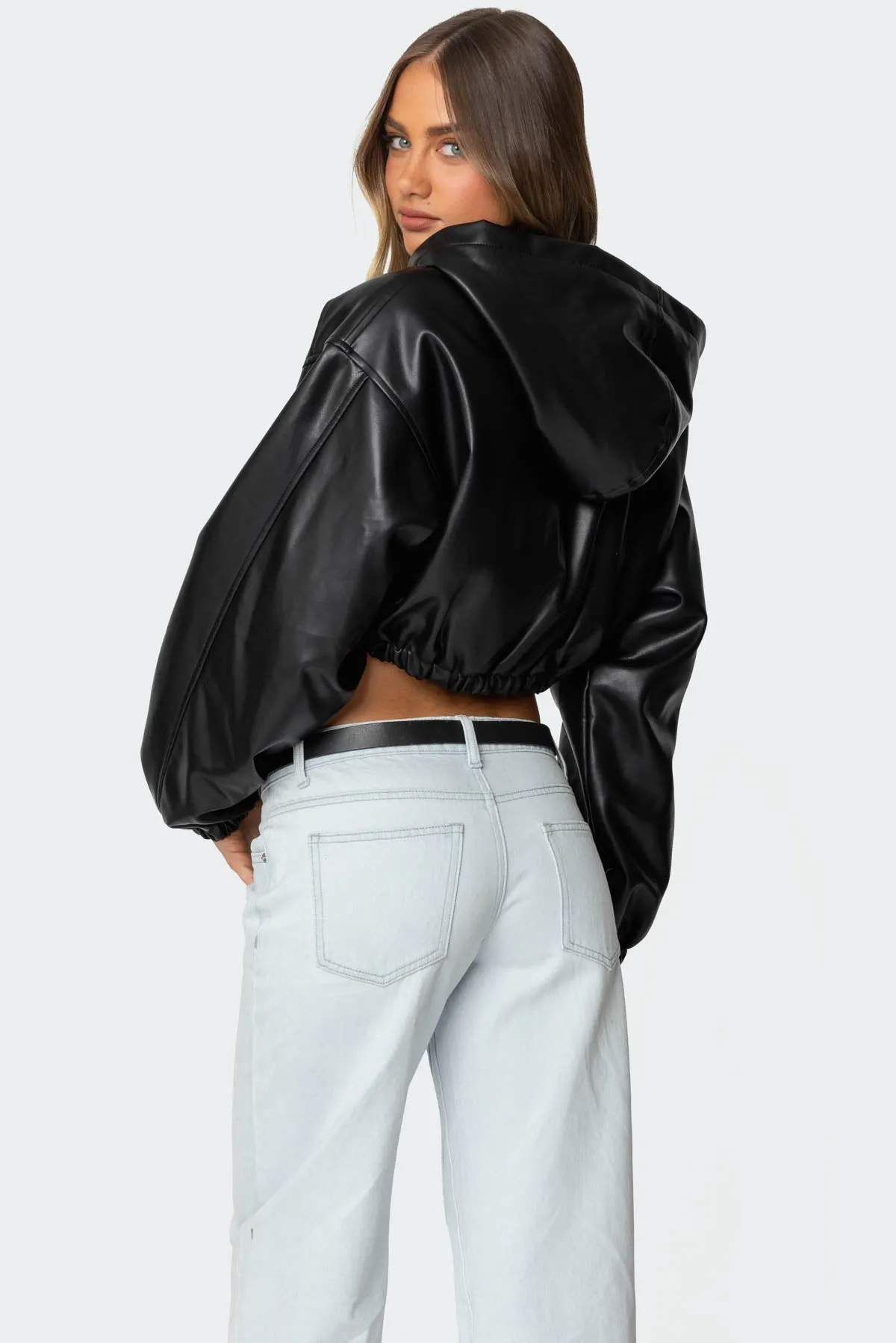 Hooded Faux Leather Cropped Jacket sold by Edikted product image thumbnail 5