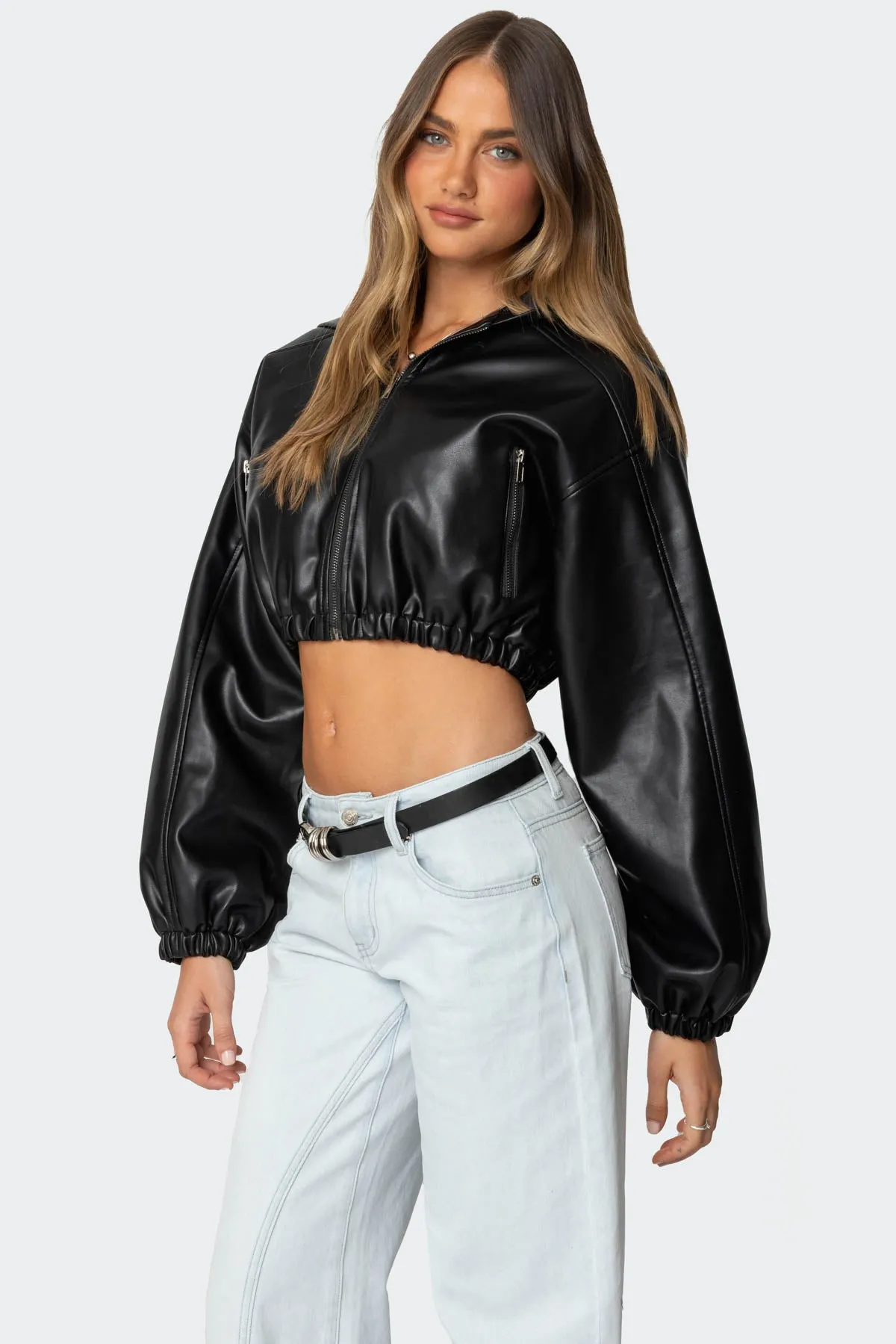 Hooded Faux Leather Cropped Jacket sold by Edikted product image thumbnail 3
