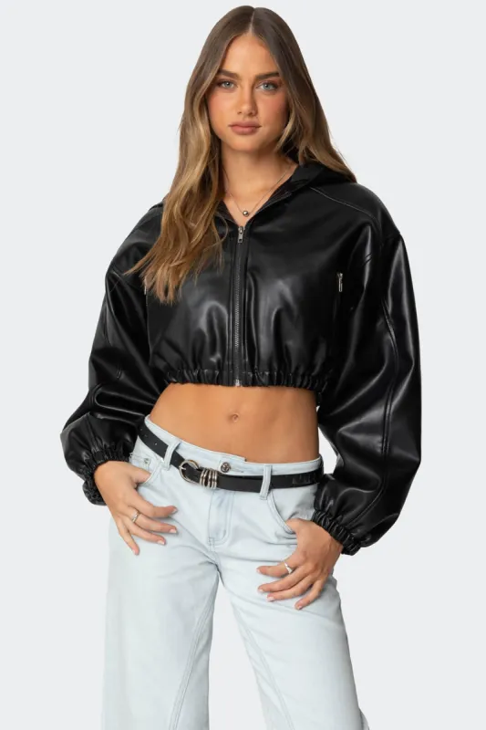 Hooded Faux Leather Cropped Jacket sold by Edikted