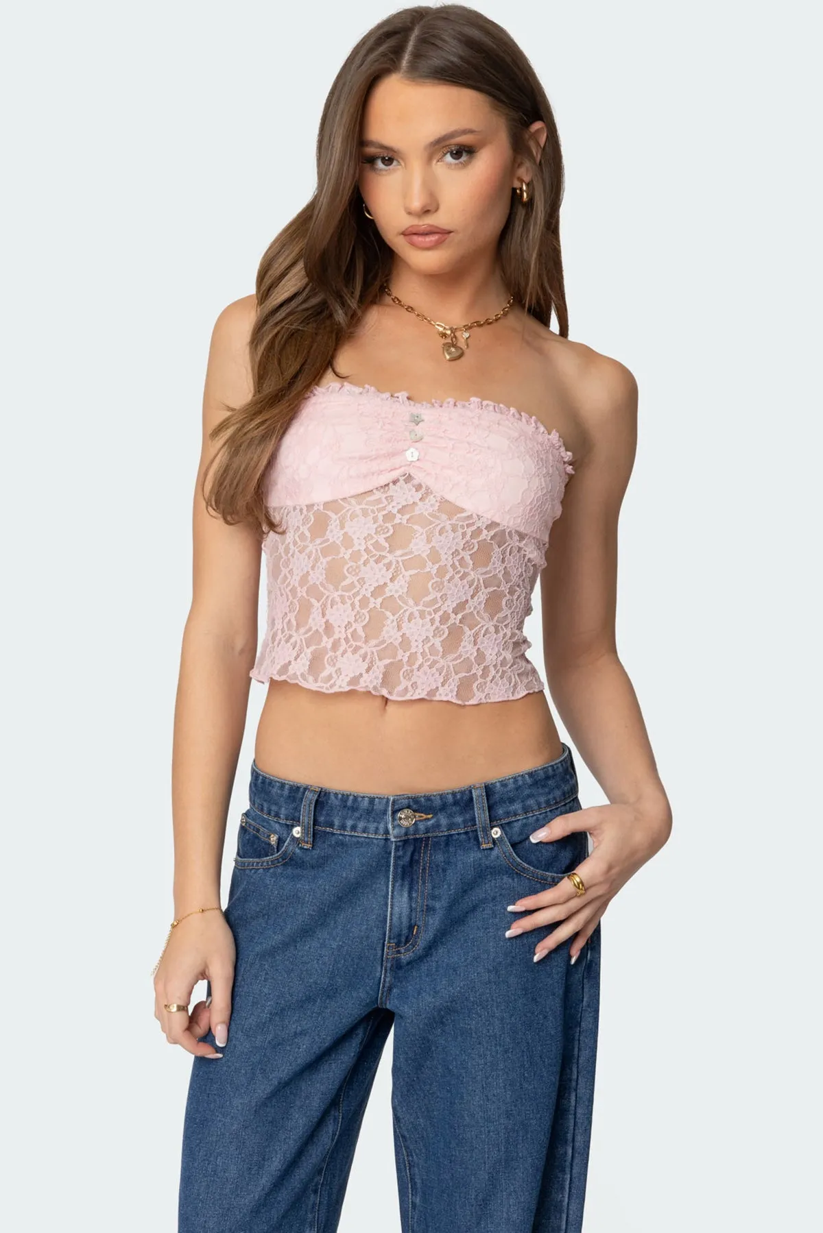 Odilia Sheer Lace Strapless Top sold by Edikted