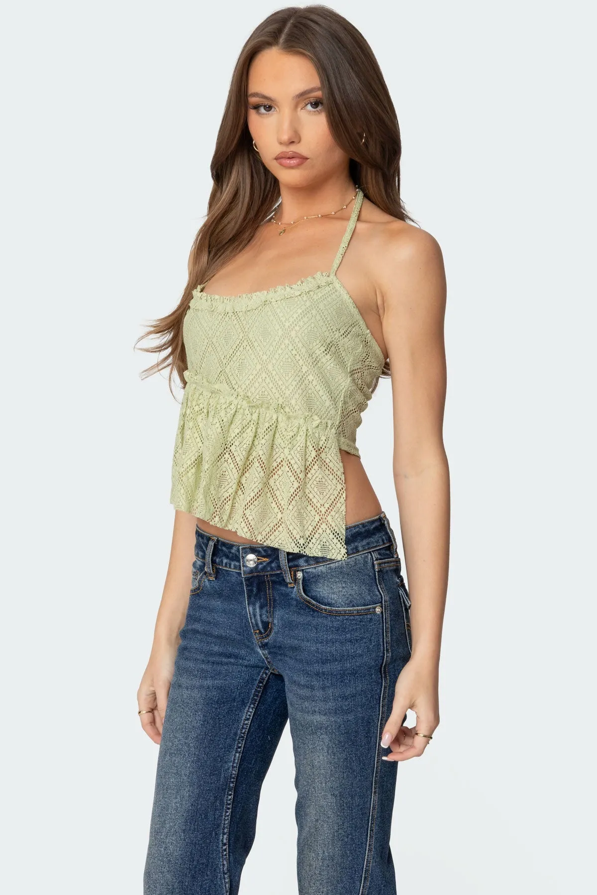 Asymmetric Sheer Lace Halter Top sold by Edikted product image thumbnail 3