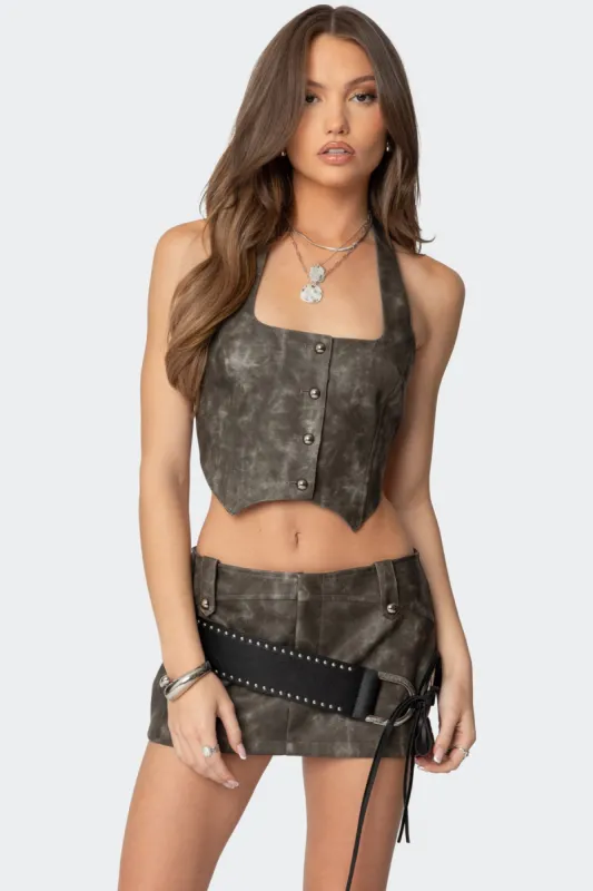 Bar Washed Faux Leather Halter Top sold by Edikted