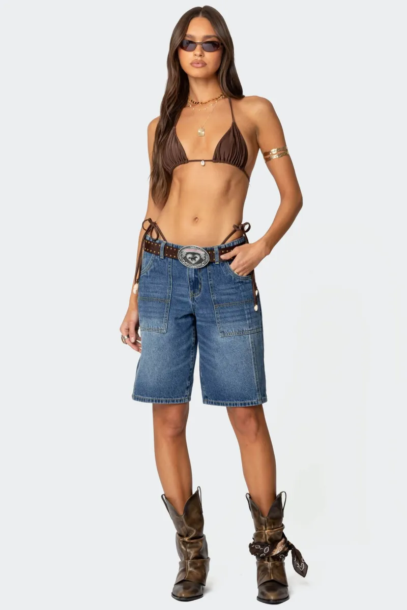 Tris Low Rise Denim Bermuda Shorts sold by Edikted