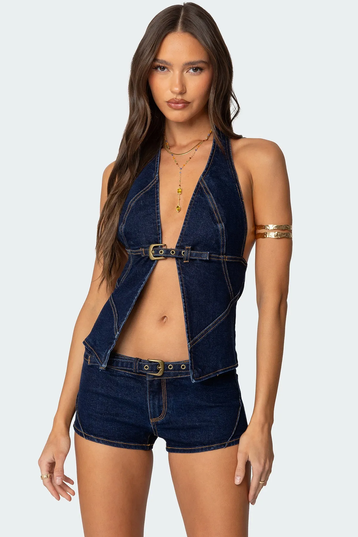 Ciel Split Front Denim Halter Top sold by Edikted
