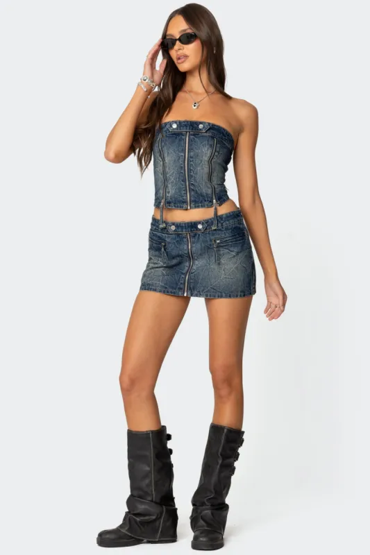 Guinevere Zip Washed Denim Mini Skirt sold by Edikted