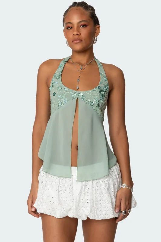 Sequin Chiffon Split Front Top sold by Edikted