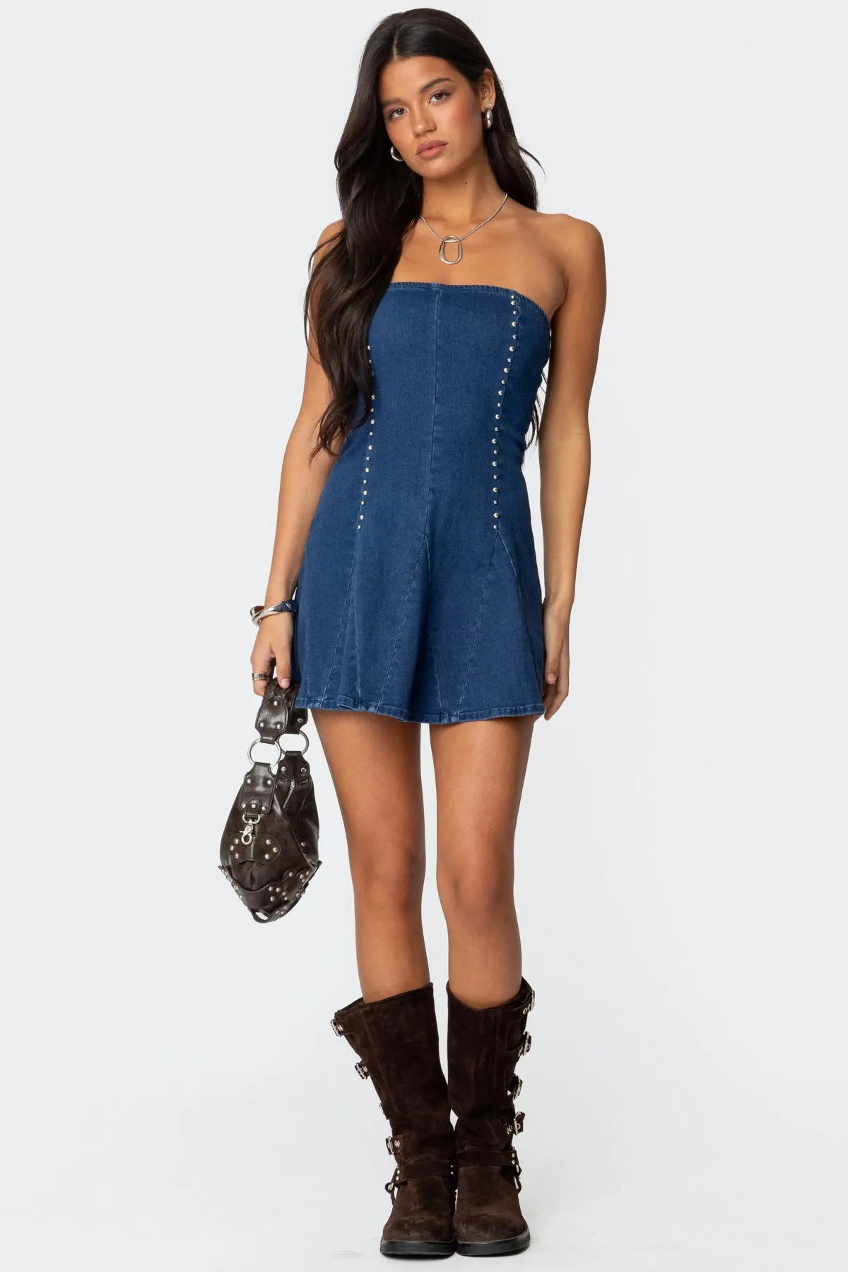 Fara Strapless Denim Mini Dress sold by Edikted