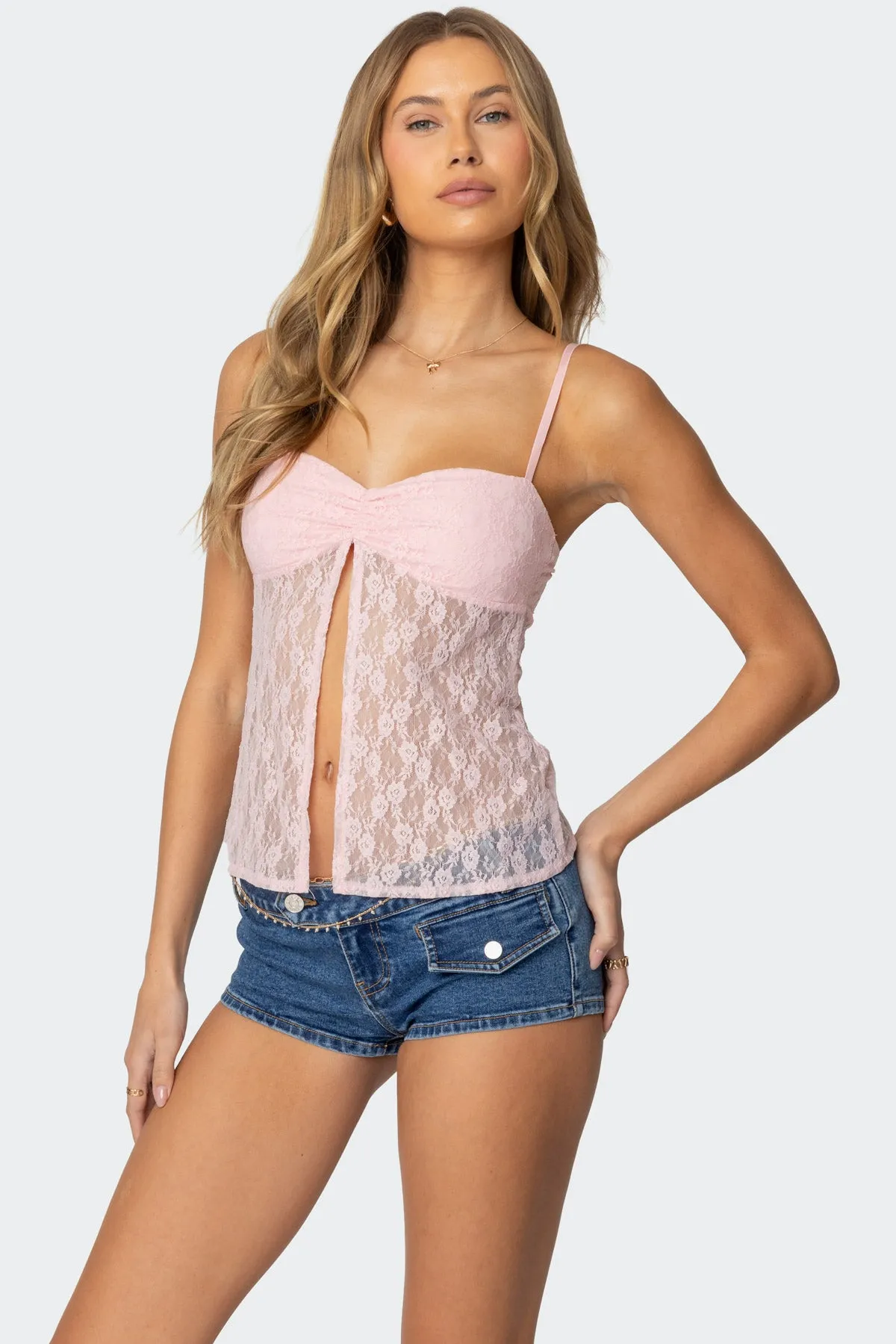 Priya Sheer Lace Split Front Top sold by Edikted product image thumbnail 4