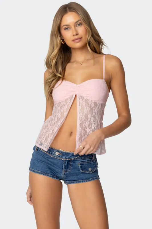 Priya Sheer Lace Split Front Top sold by Edikted