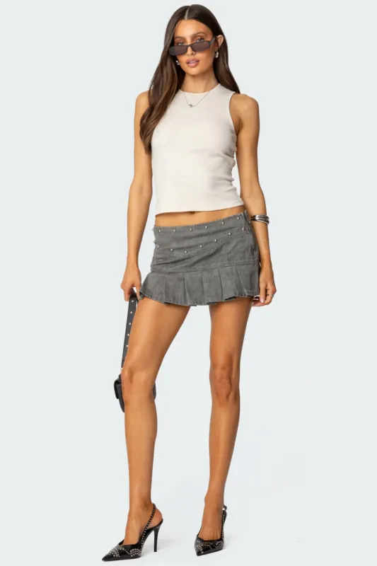 Stud Pleated Denim Mini Skirt sold by Edikted