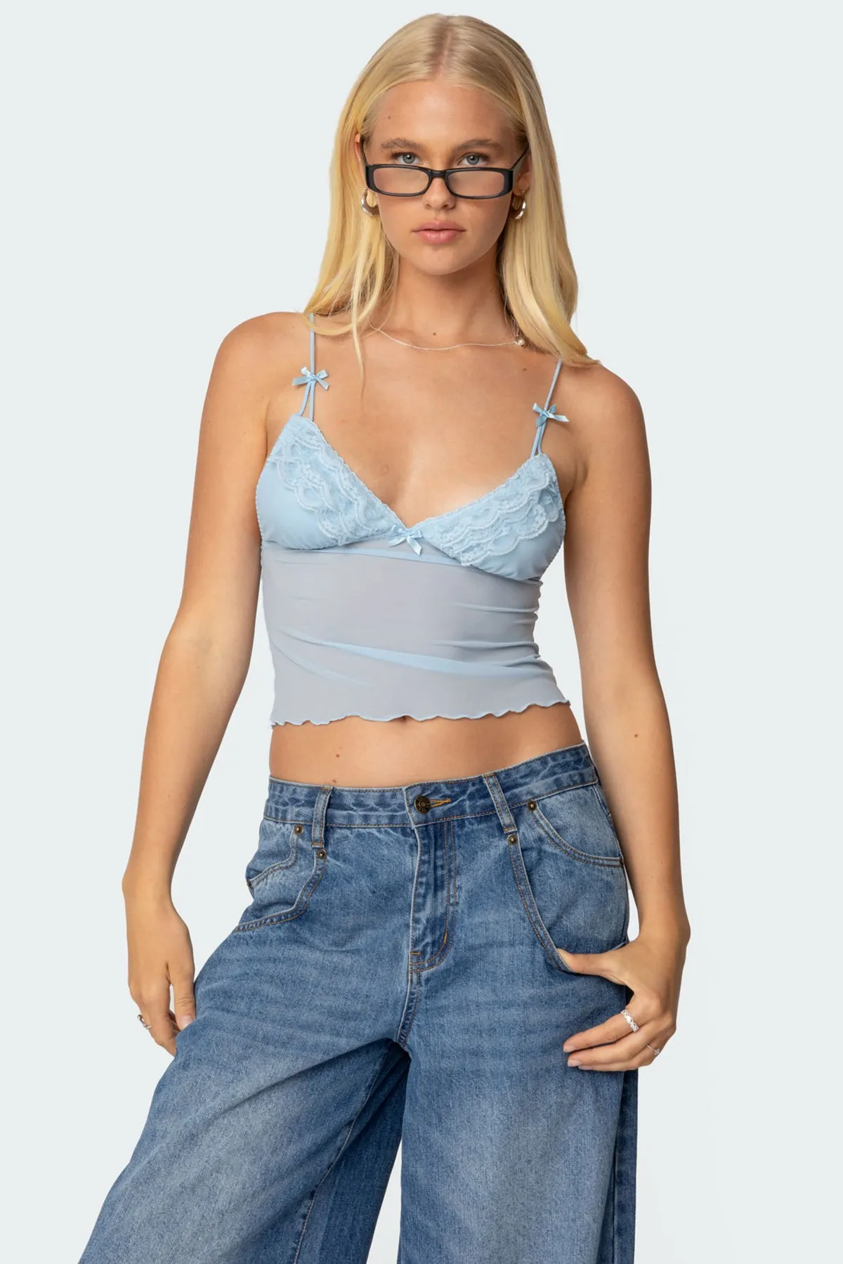 Berkley Sheer Mesh Lacey Top sold by Edikted