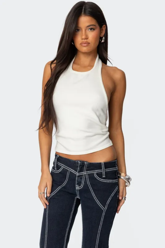 Twister Backless Knit Halter Top sold by Edikted