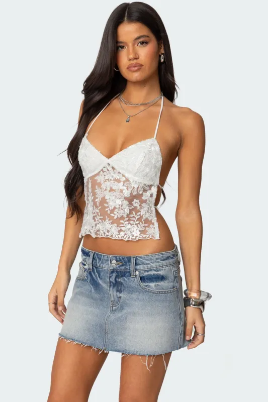 Nyx Backless Sheer Lace Top sold by Edikted