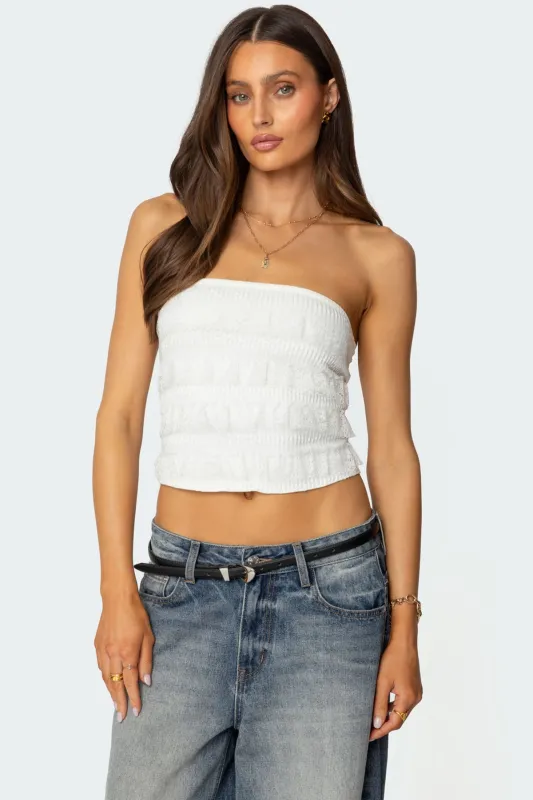 Georgette Lacey Ruffle Tube Top sold by Edikted