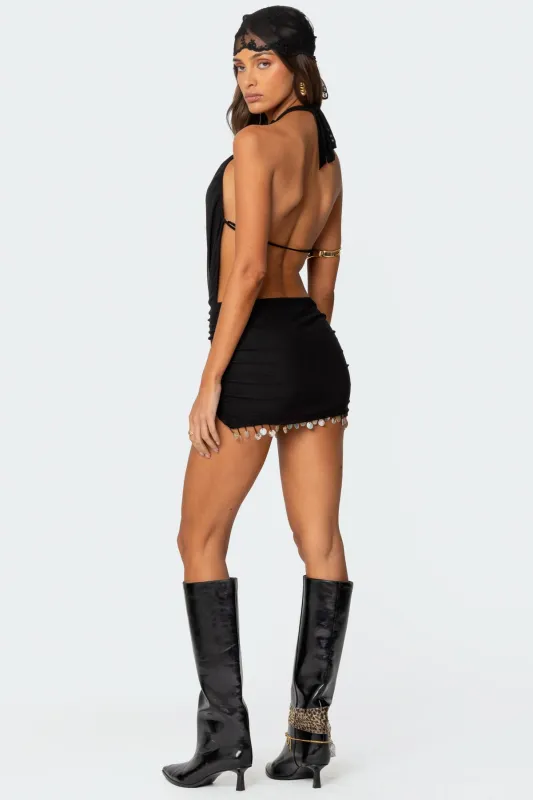 Shellie Fringe Backless Mini Dress sold by Edikted