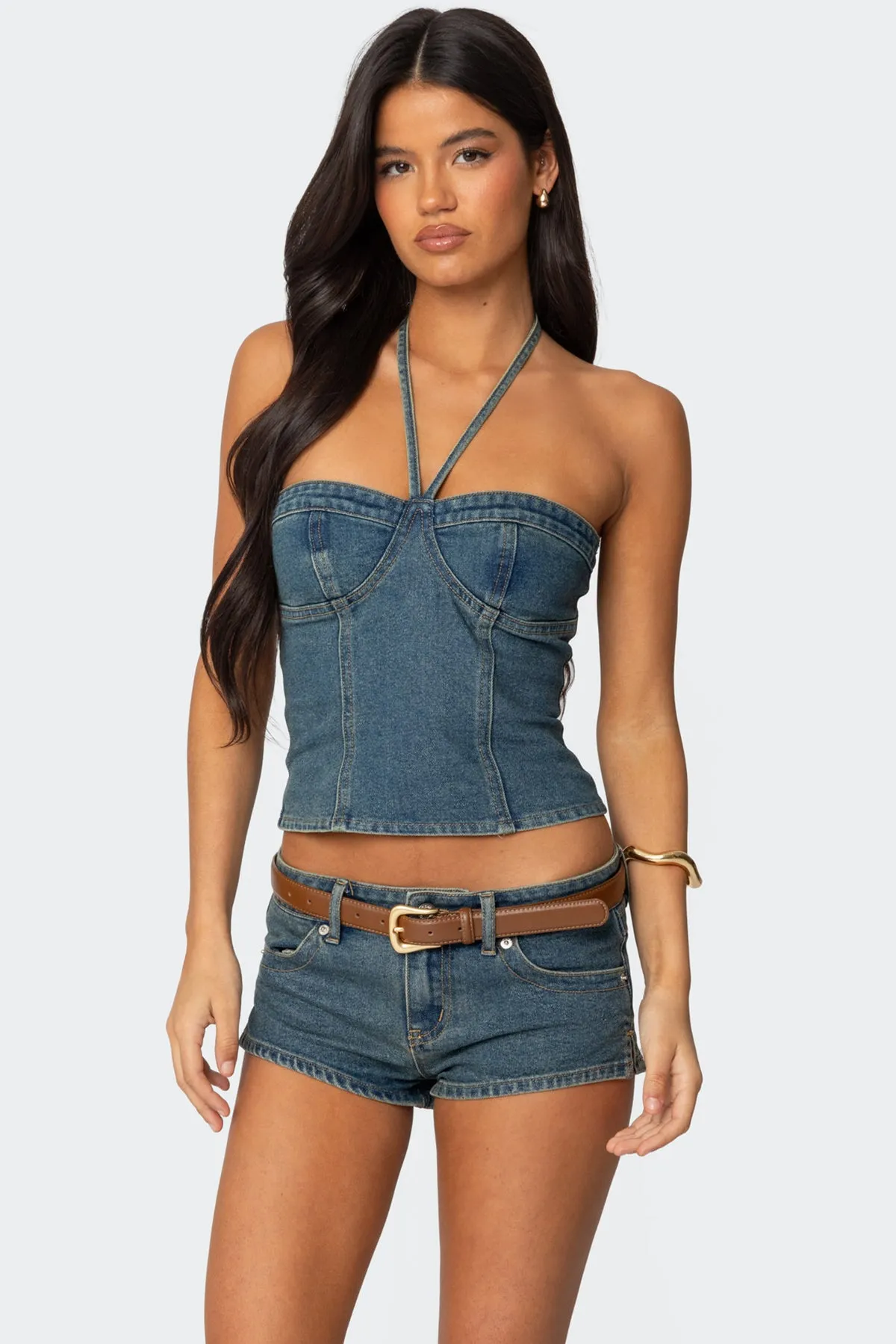 Jagger Denim Halter Top sold by Edikted