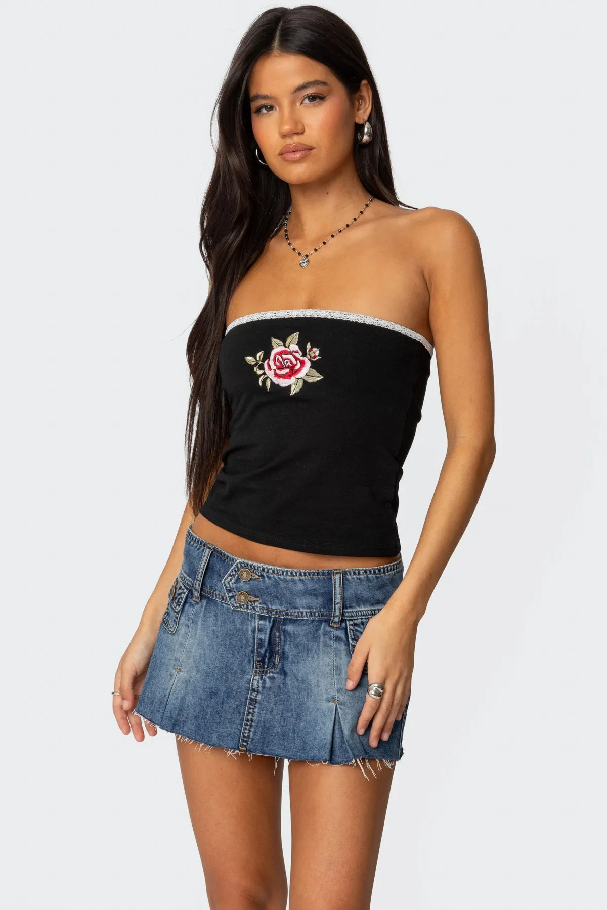 Enora Embroidered Rose Tube Top sold by Edikted