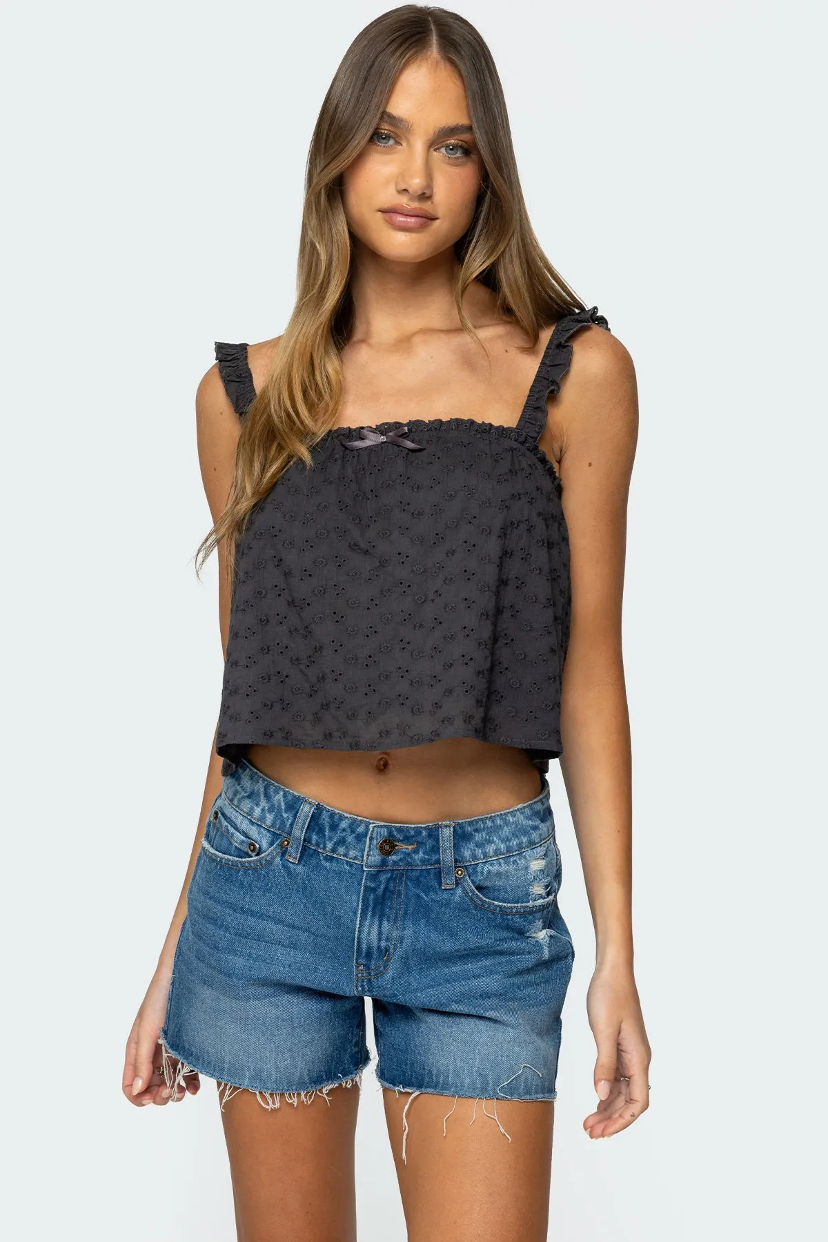 Tami Eyelet Ruffle Tank Top sold by Edikted