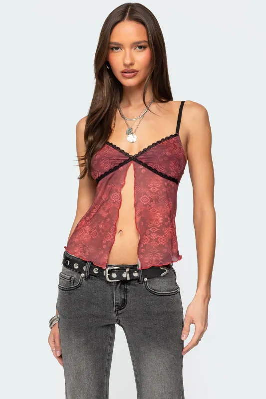 Printed Mesh Split Front Top sold by Edikted