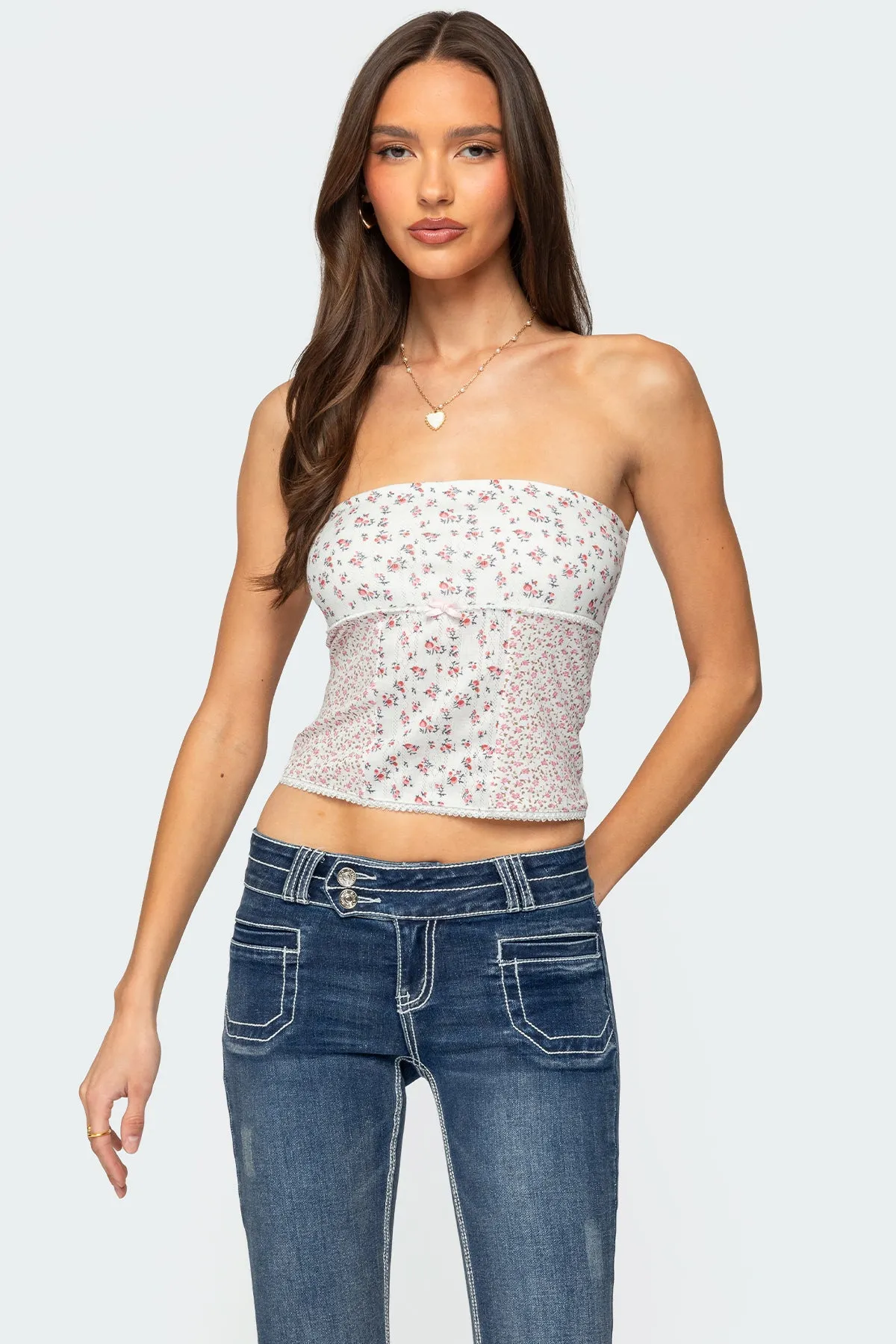 Mixed Floral Pointelle Tube Top sold by Edikted