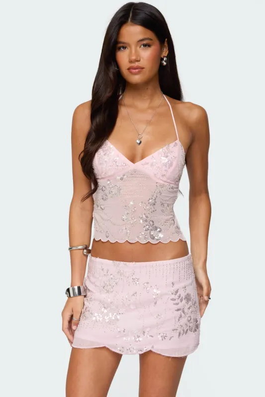 Nelley backless beaded sequin chiffon top made by Edikted