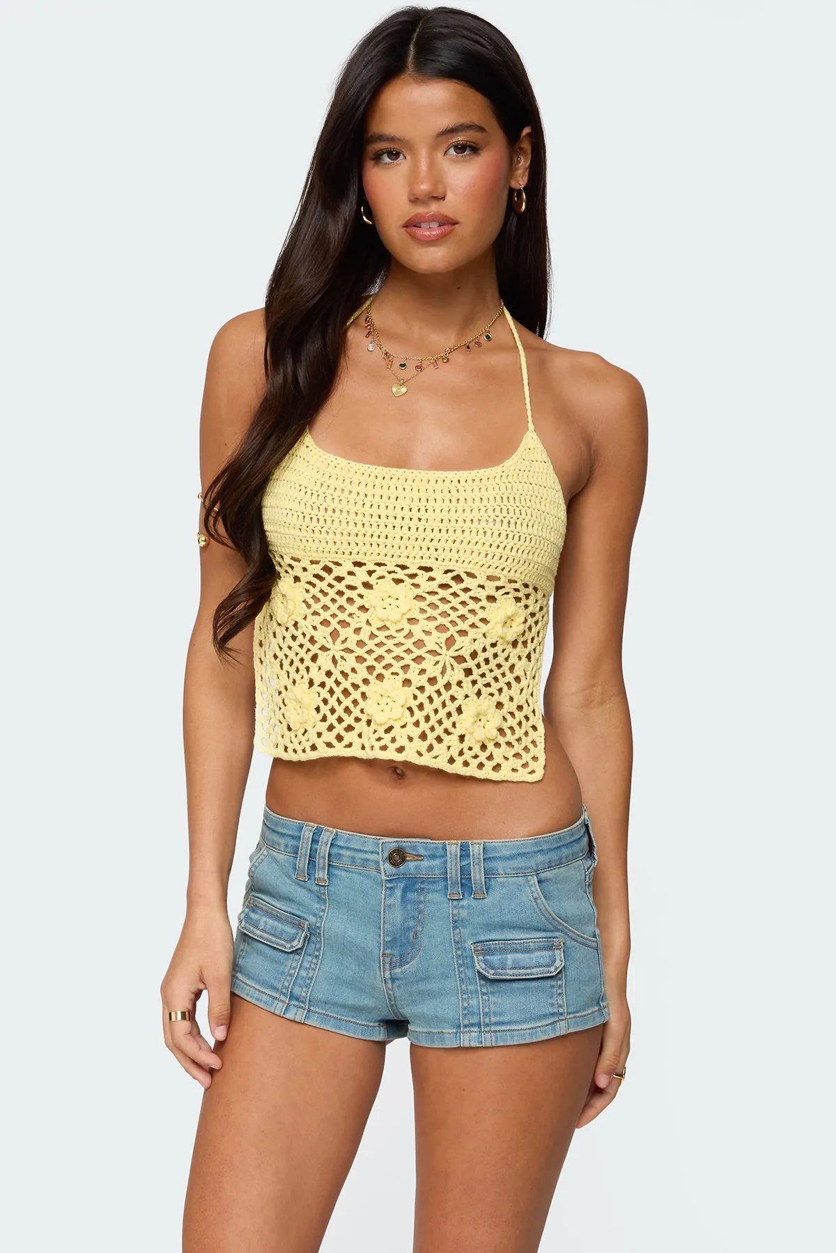 Miel Crochet Backless Halter Top sold by Edikted