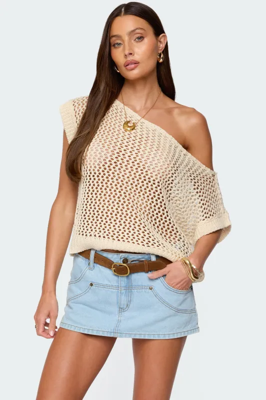 Trix Off Shoulder Open Knit Top sold by Edikted