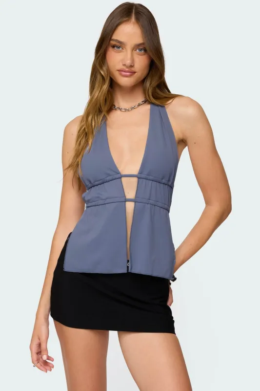 Nikole Split Front Backless Halter Top sold by Edikted
