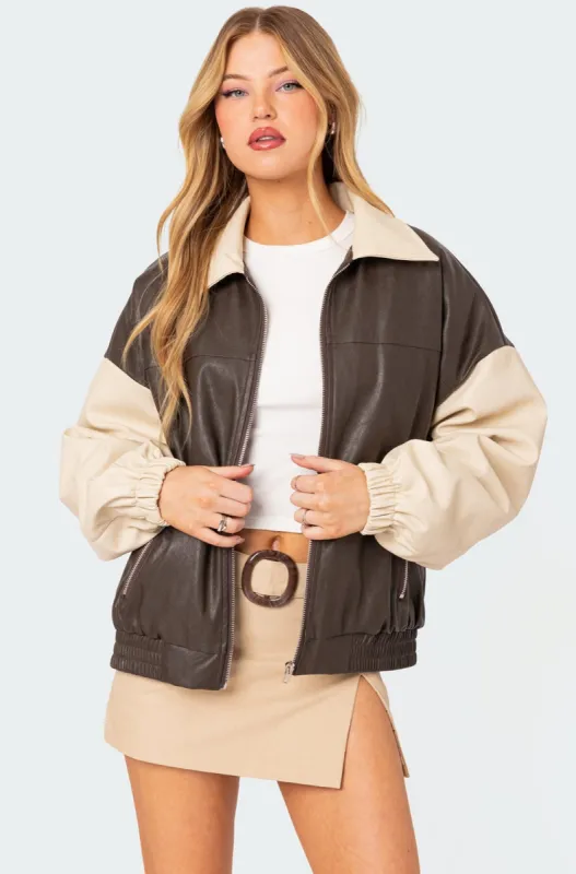 Two Tone Faux Leather Bomber Jacket sold by Edikted