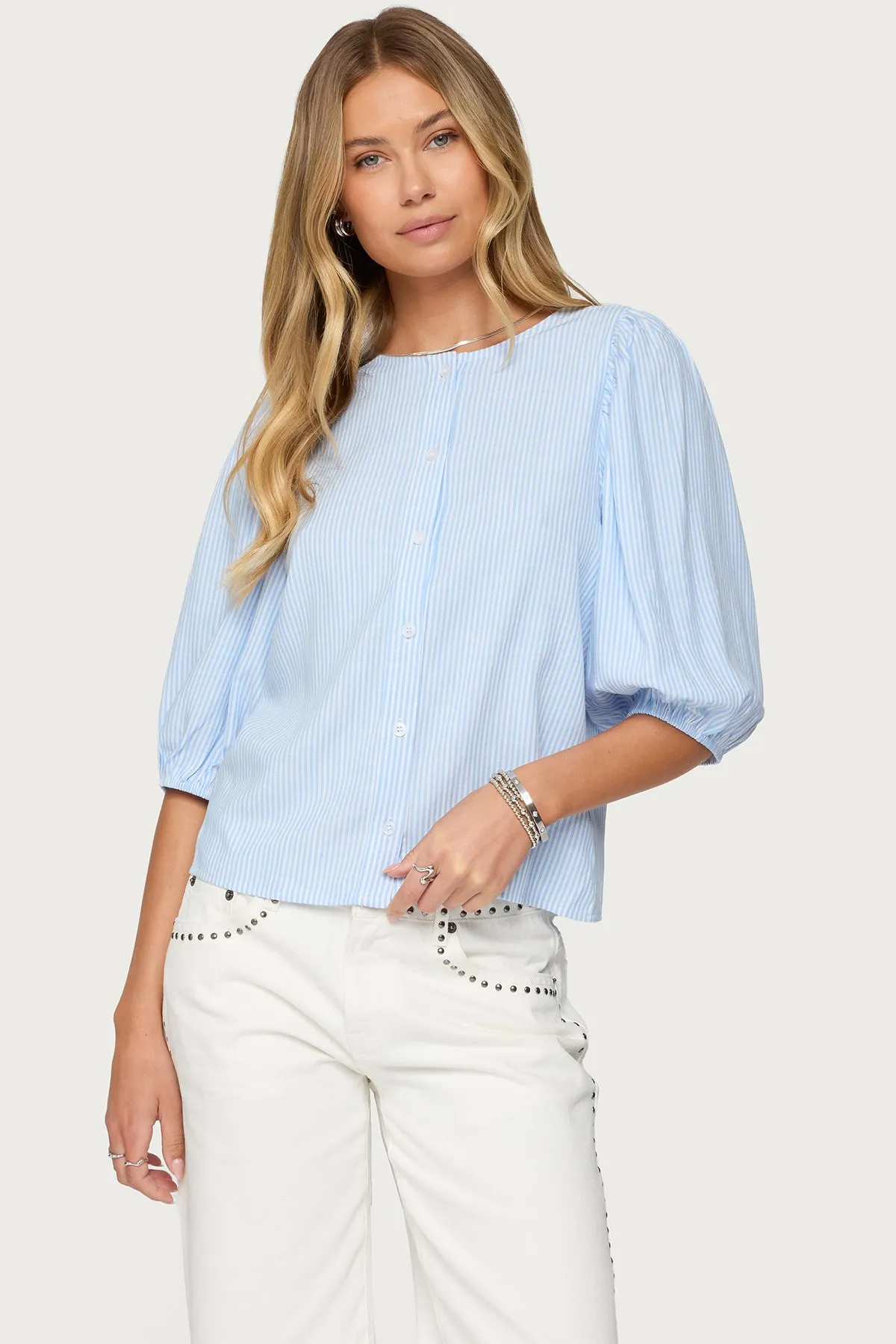 Pinstripe Linen Look Button Up Shirt sold by Edikted