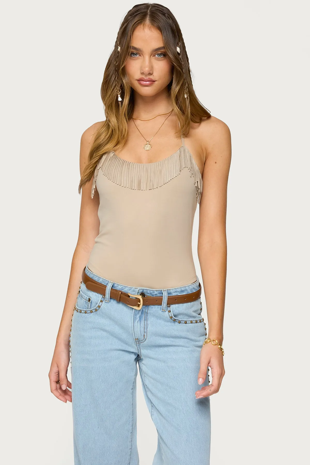 Colbie Faux Suede Fringe Trim Bodysuit sold by Edikted
