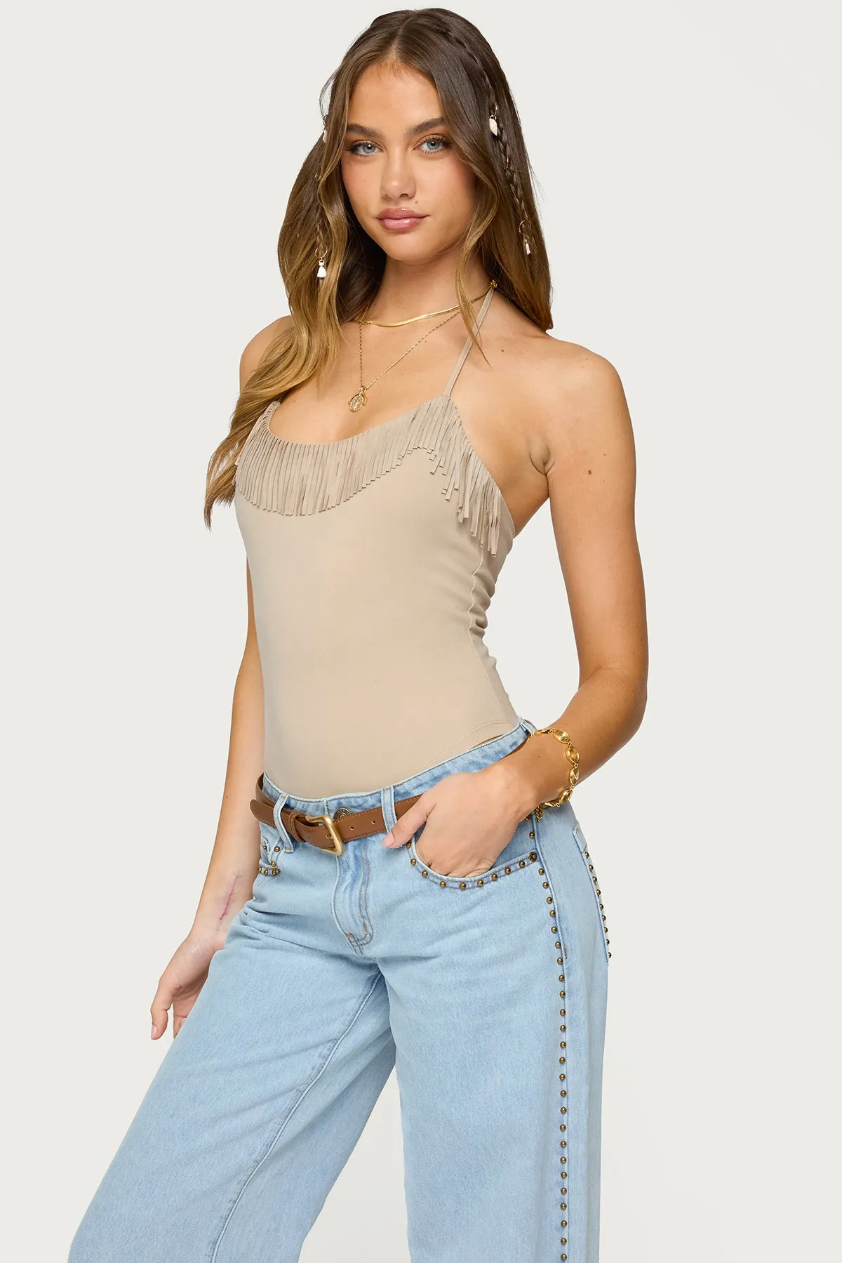 Colbie Faux Suede Fringe Trim Bodysuit sold by Edikted product image thumbnail 3