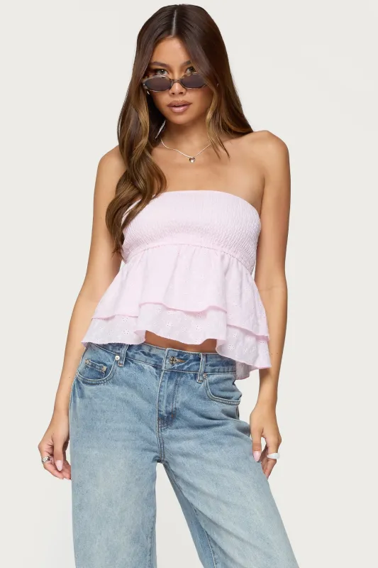 Toria Ruffled Eyelet Strapless Top sold by Edikted