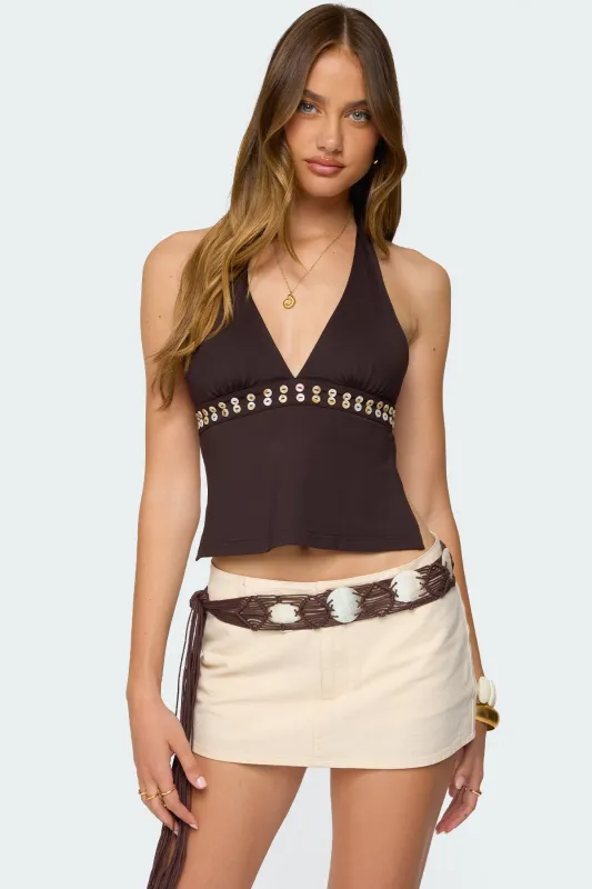 Pearlsy Button Backless Halter Top sold by Edikted