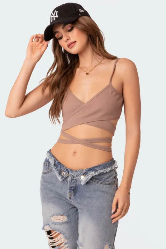 Xoxo Ribbed Wrap Crop Top sold by Edikted