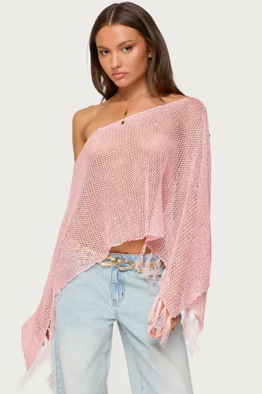 Sequin Fringe Knit Poncho sold by Edikted