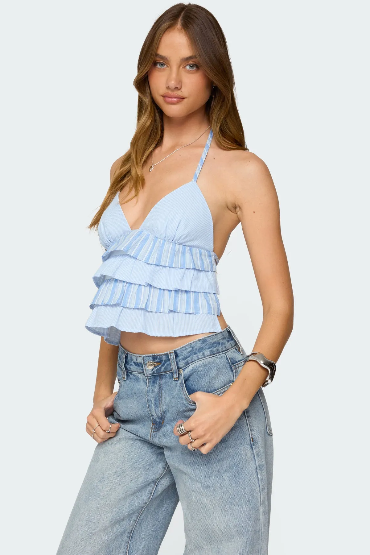 Tiered Ruffle Backless Striped Halter Top sold by Edikted product image thumbnail 3