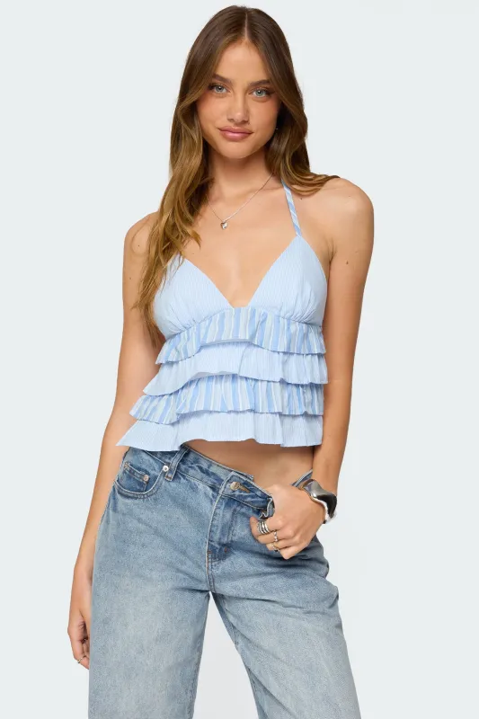 Tiered Ruffle Backless Striped Halter Top sold by Edikted