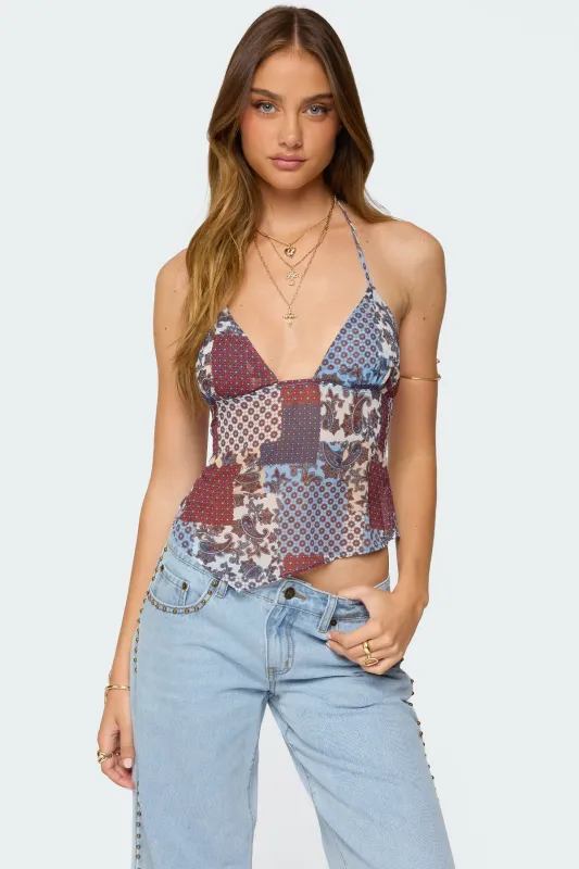 Mixed Patchwork Backless Halter Top sold by Edikted