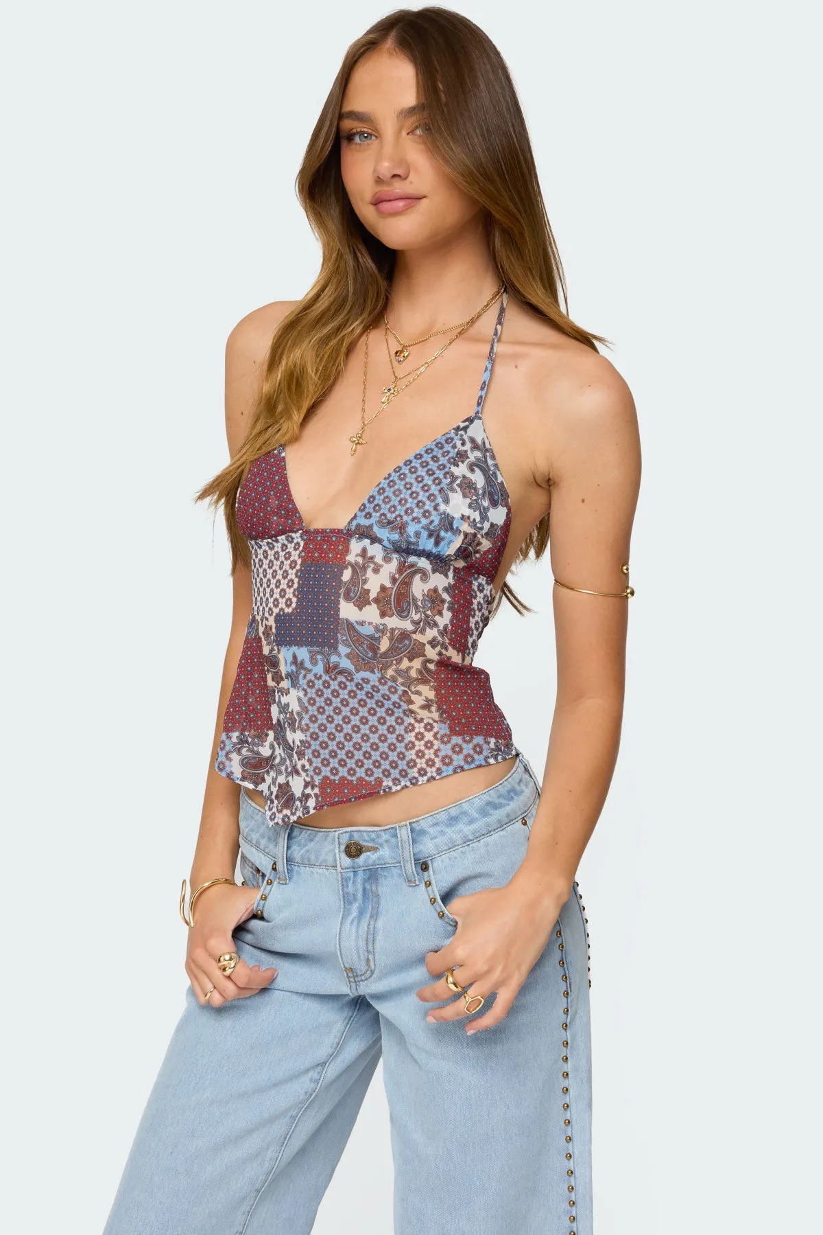 Mixed Patchwork Chiffon Halter Top sold by Edikted product image thumbnail 3