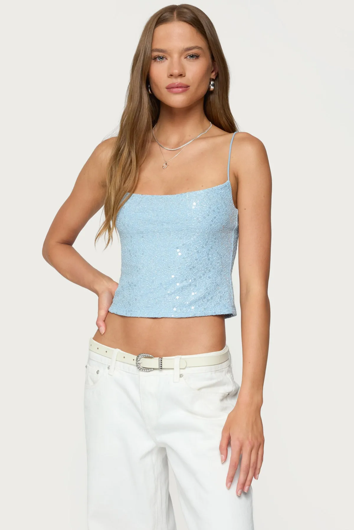 Metallic & Sequin Textured Tank Top sold by Edikted