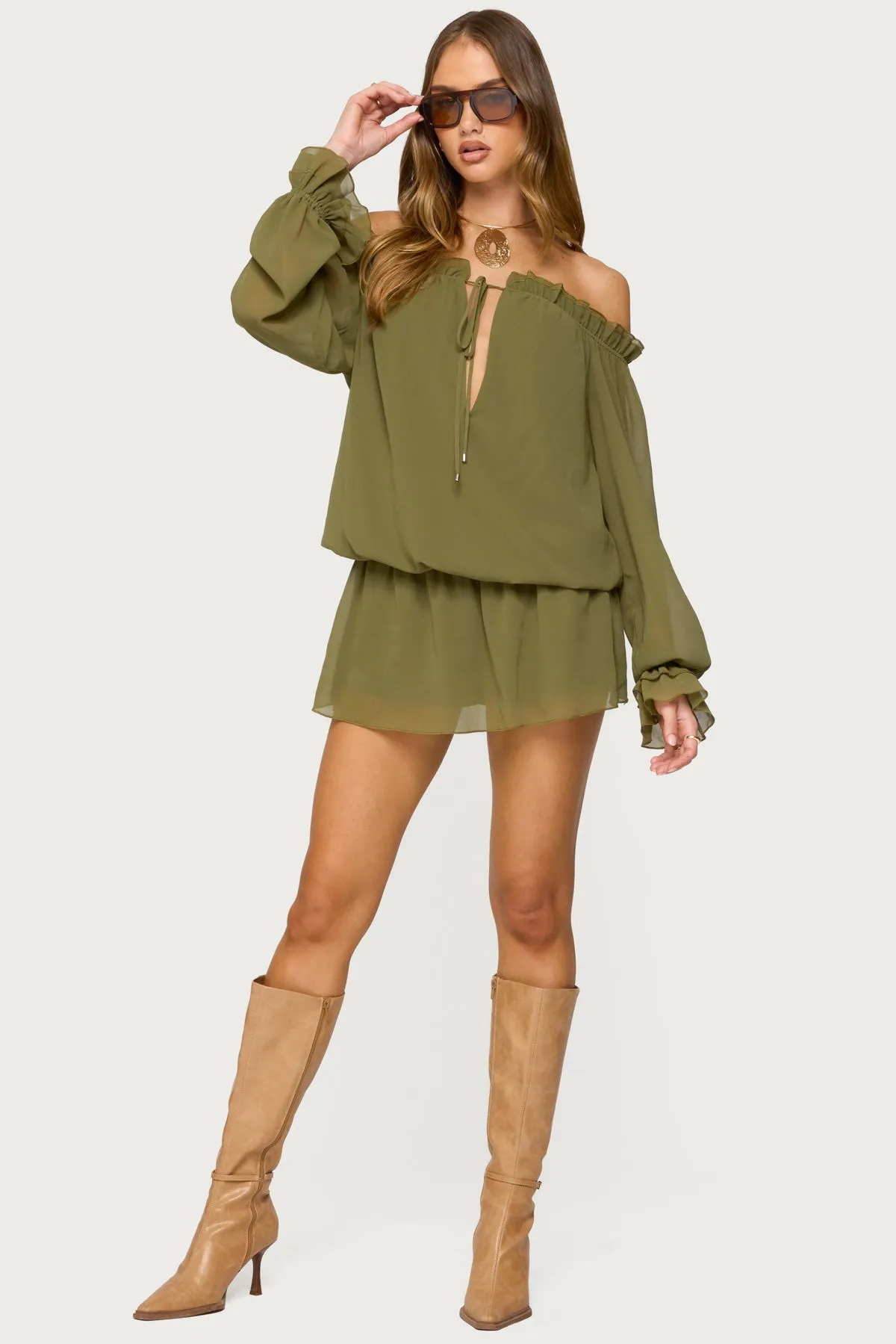 Delphine Off Shoulder Chiffon Romper sold by Edikted