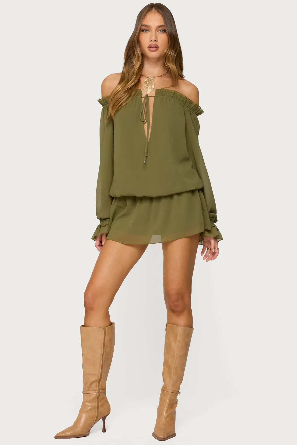 Delphine Off Shoulder Chiffon Romper sold by Edikted product image thumbnail 3