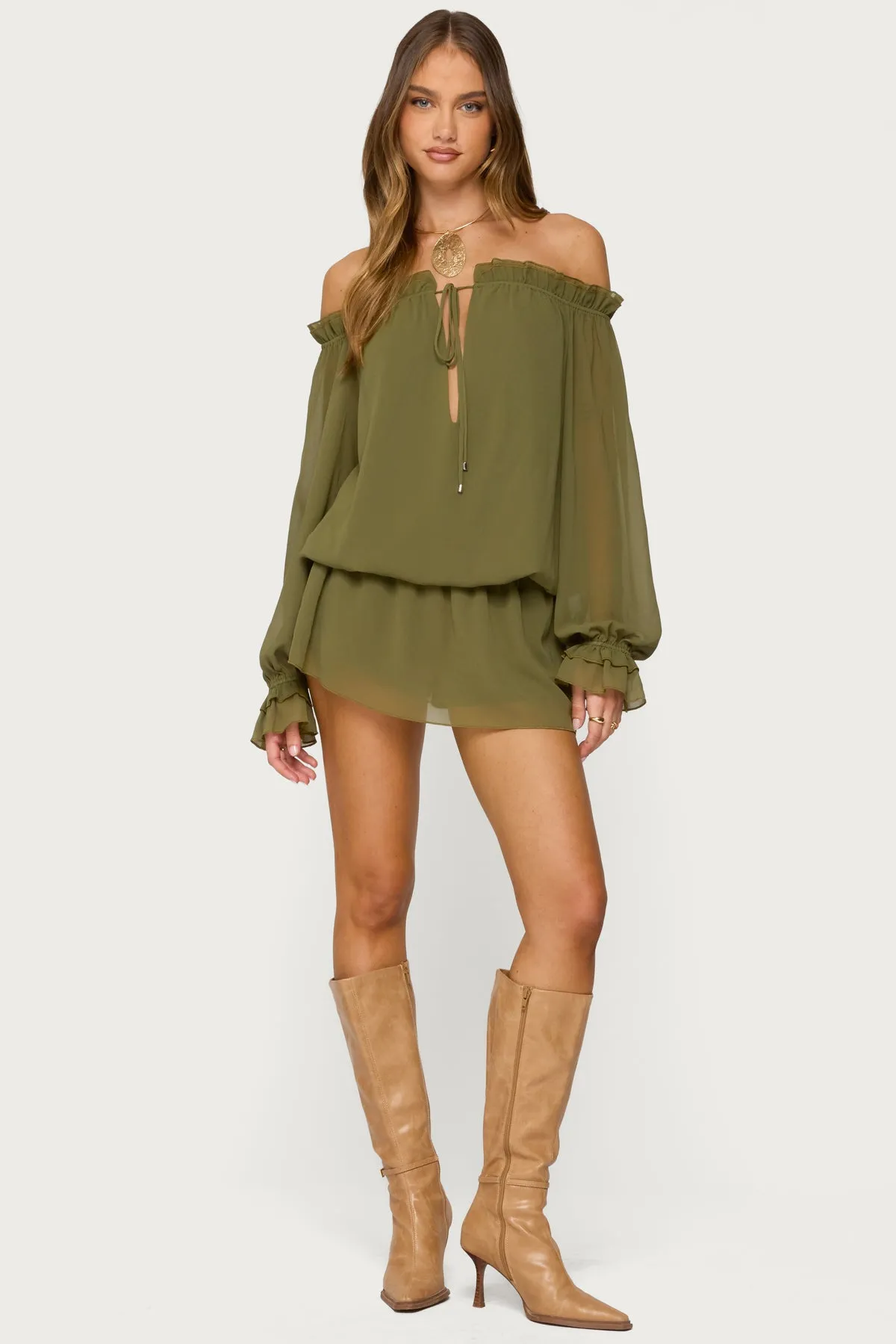 Delphine Off Shoulder Chiffon Romper sold by Edikted product image thumbnail 5