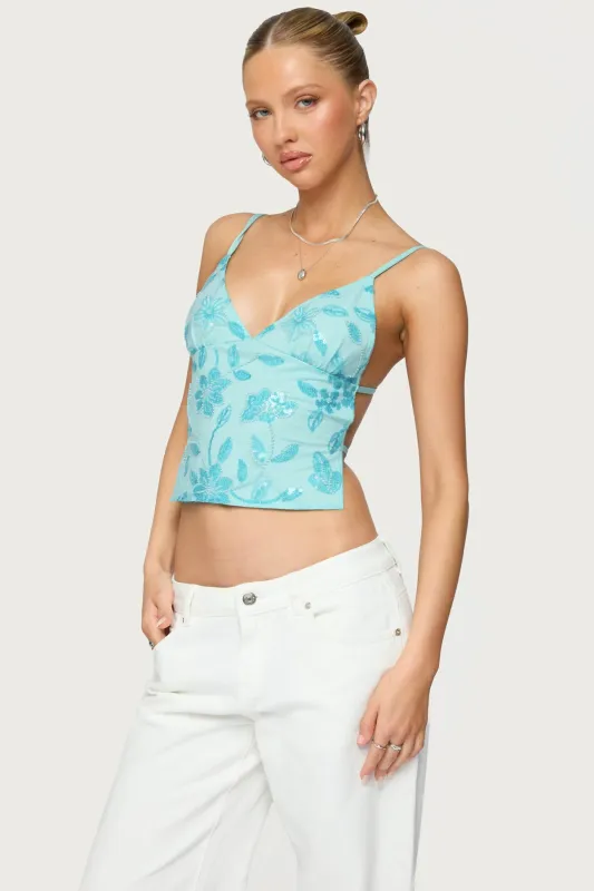 Pia Sequin Floral Backless Top sold by Edikted