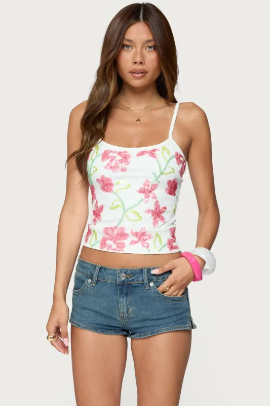 Beaded Floral Embroidered Tank Top sold by Edikted