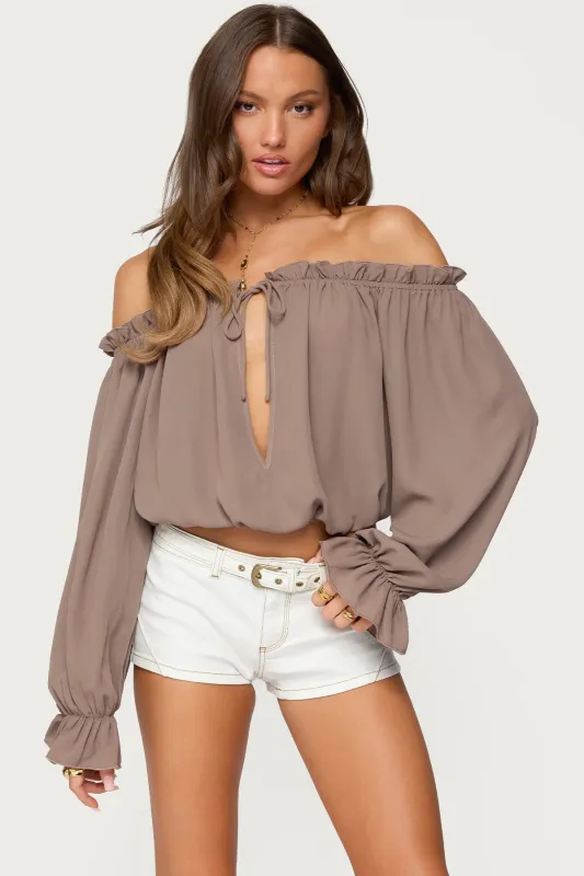 Juna Off Shoulder Ruffle Chiffon Top sold by Edikted