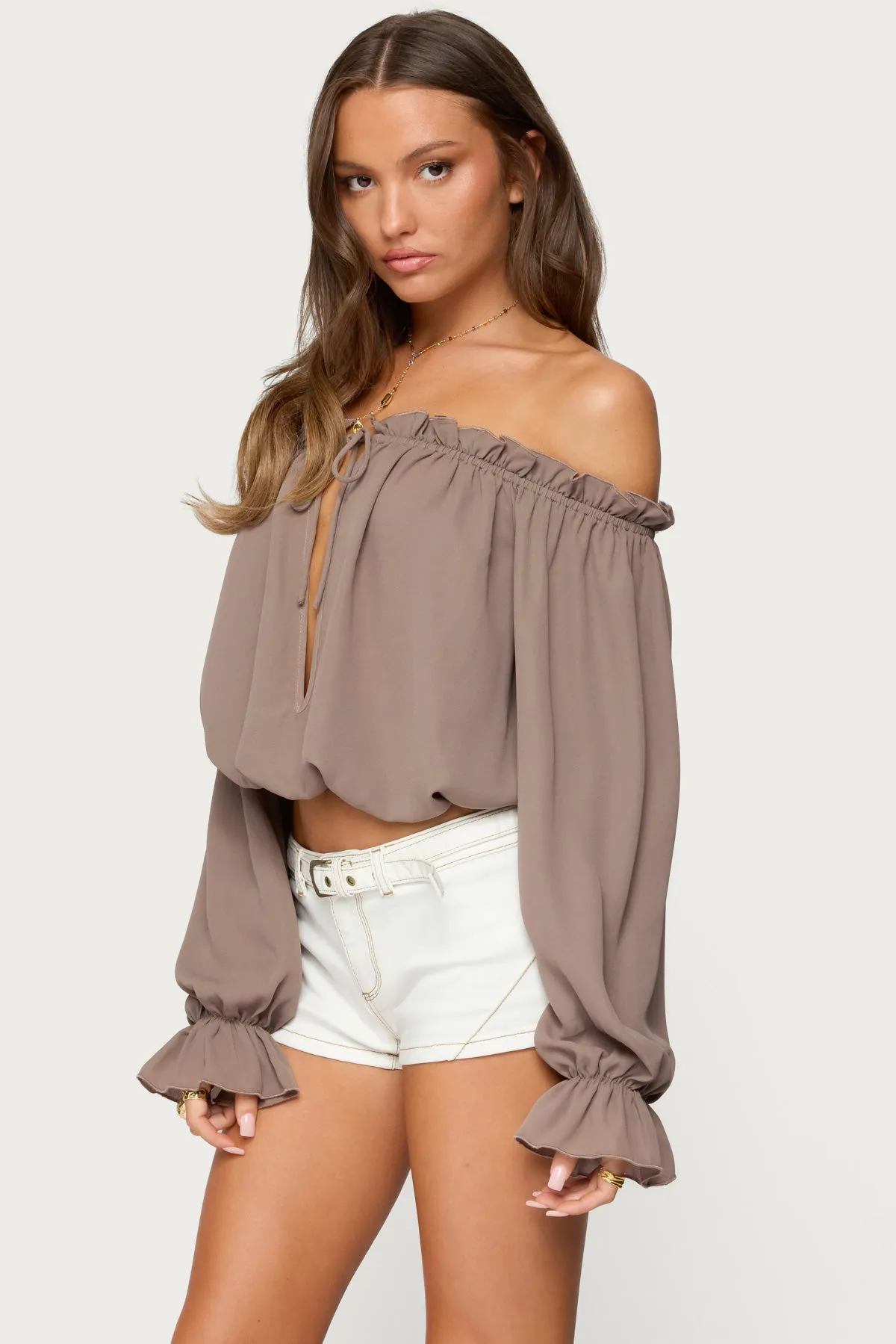 Juna Off Shoulder Ruffle Chiffon Top sold by Edikted product image thumbnail 3
