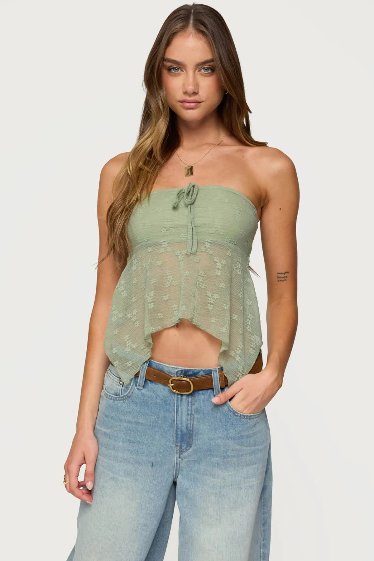 Embroidered Sheer Strapless Top sold by Edikted