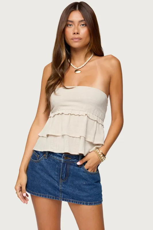 Linen Look Strapless Peplum Top sold by Edikted